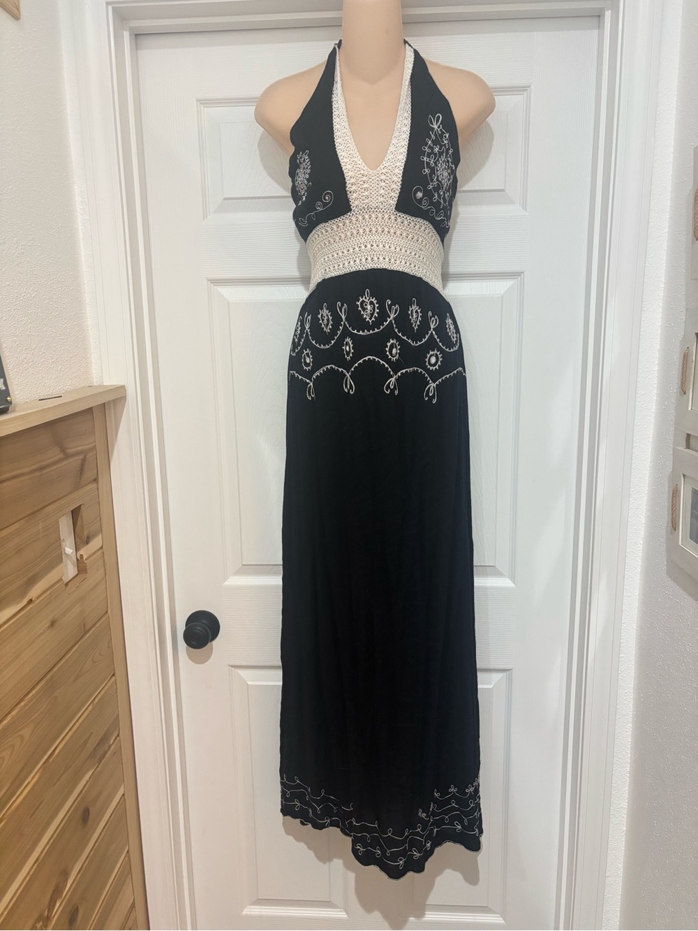 Black Halter Maxi Dress with White Crochet Trim